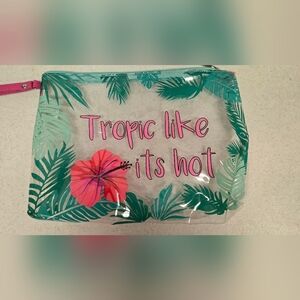 Clear Big Makeup Bag With "Tropic Like It's Hot" On The Front With Flower Detail
